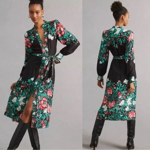 ANTHROPOLOGIE NWT Black White Floral Printed Long Sleeve Belted Shirtdress Dress